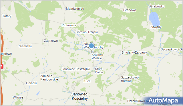 mapa Krajewo Wielkie, Krajewo Wielkie gmina Janowiec Kościelny na mapie Targeo